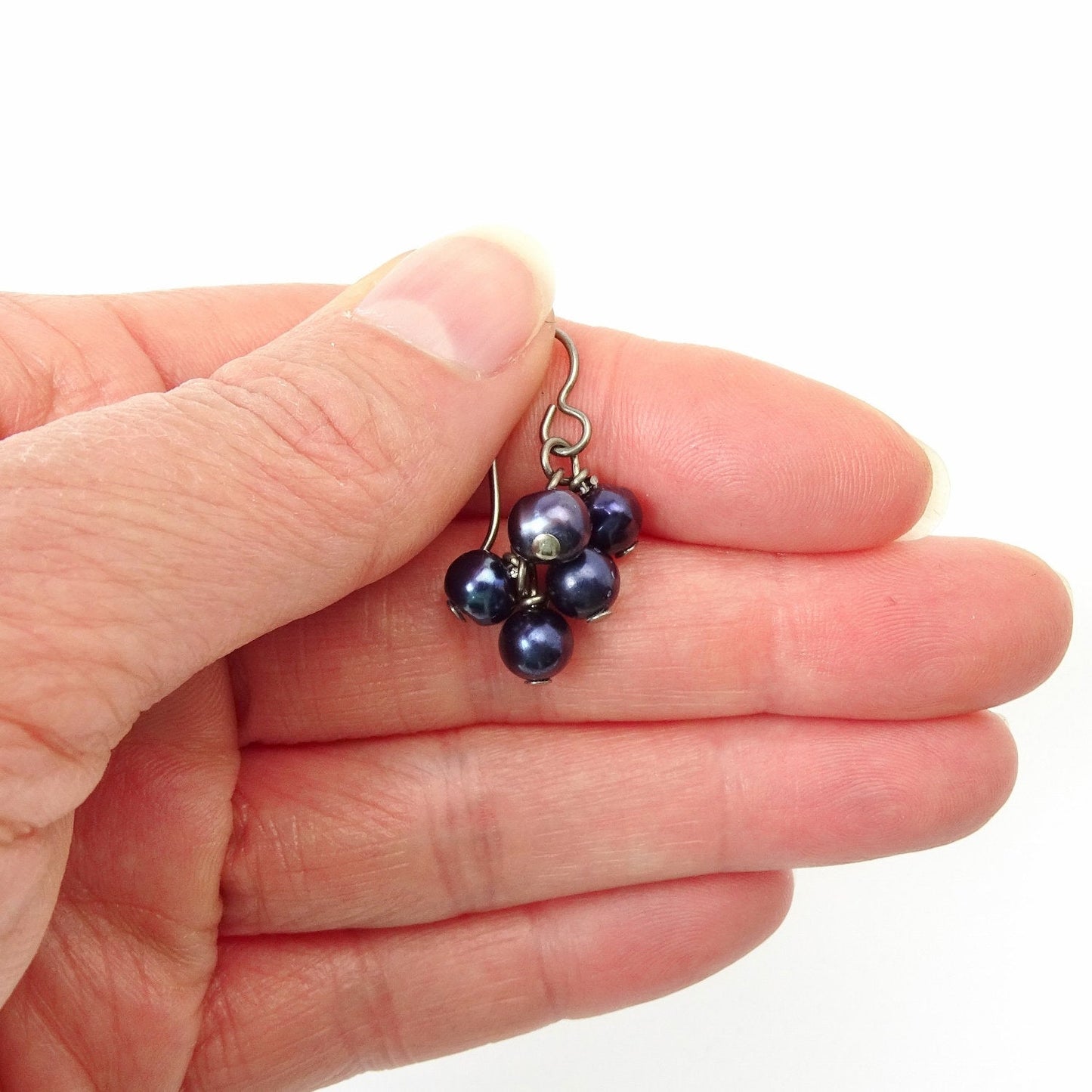 Black Pearl Cluster Niobium Earrings, Hypoallergenic Titanium Earrings For Sensitive Ears, Cascading Blue Purple Pearls Nickel Free Earrings