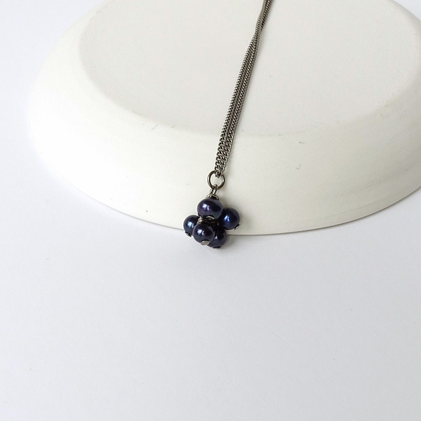 Black Pearl Cluster Titanium Necklace, Hypoallergenic Nickel Free Niobium for Sensitive Skin, Deep Blue Purple Freshwater Pearls Jewelry