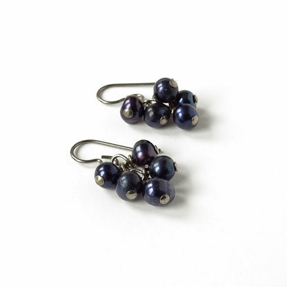 Black Pearl Cluster Niobium Earrings, Hypoallergenic Titanium Earrings For Sensitive Ears, Cascading Blue Purple Pearls Nickel Free Earrings