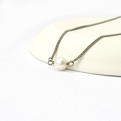 Single White Pearl Titanium Necklace, Ivory Freshwater Pearl Niobium Bridal Necklace, Hypoallergenic Nickel Free Sensitive Skin Jewelry