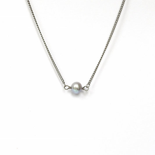 Single Gray Pearl Titanium Necklace, Freshwater Pearl Niobium Bridal Necklace, Hypoallergenic Nickel Free for Sensitive Skin