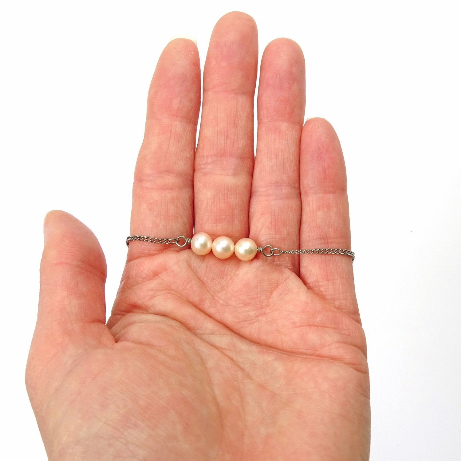 Triple Peach Pearl Titanium Necklace, Champagne Freshwater Pearl Niobium Bridal Necklace, Hypoallergenic Nickel Free Sensitive Skin Jewelry