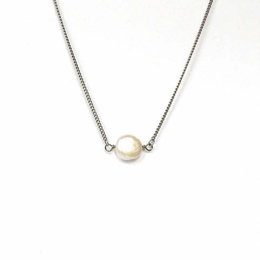 White Coin Pearl Titanium Necklace, Ivory Freshwater Pearl Niobium Bridal Necklace, Hypoallergenic Nickel Free Sensitive Skin Jewelry