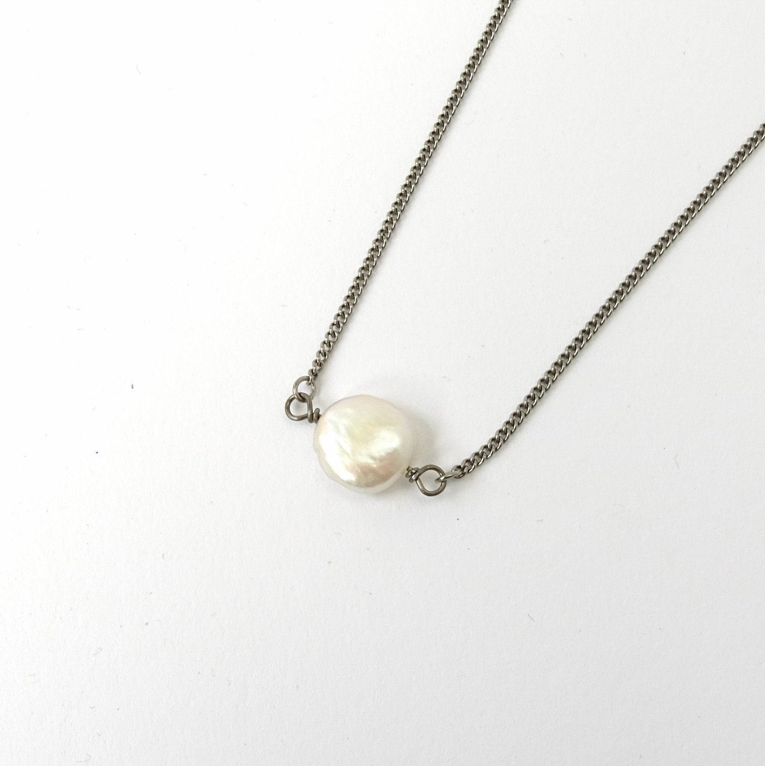 White Coin Pearl Titanium Necklace, Ivory Freshwater Pearl Niobium Bridal Necklace, Hypoallergenic Nickel Free Sensitive Skin Jewelry