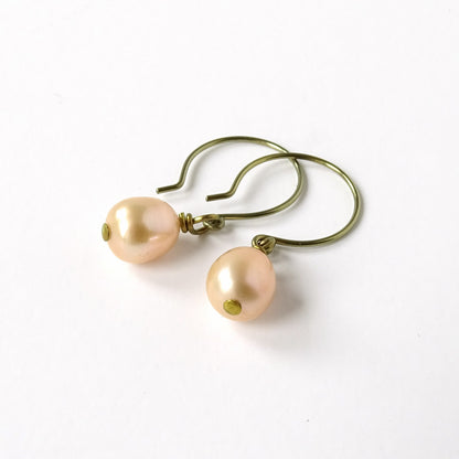 Champagne Oval Pearl Niobium Earrings, Yellow Gold Niobium Nickel Free Earrings, Freshwater Pearls Hypoallergenic Sensitive Ears Earrings