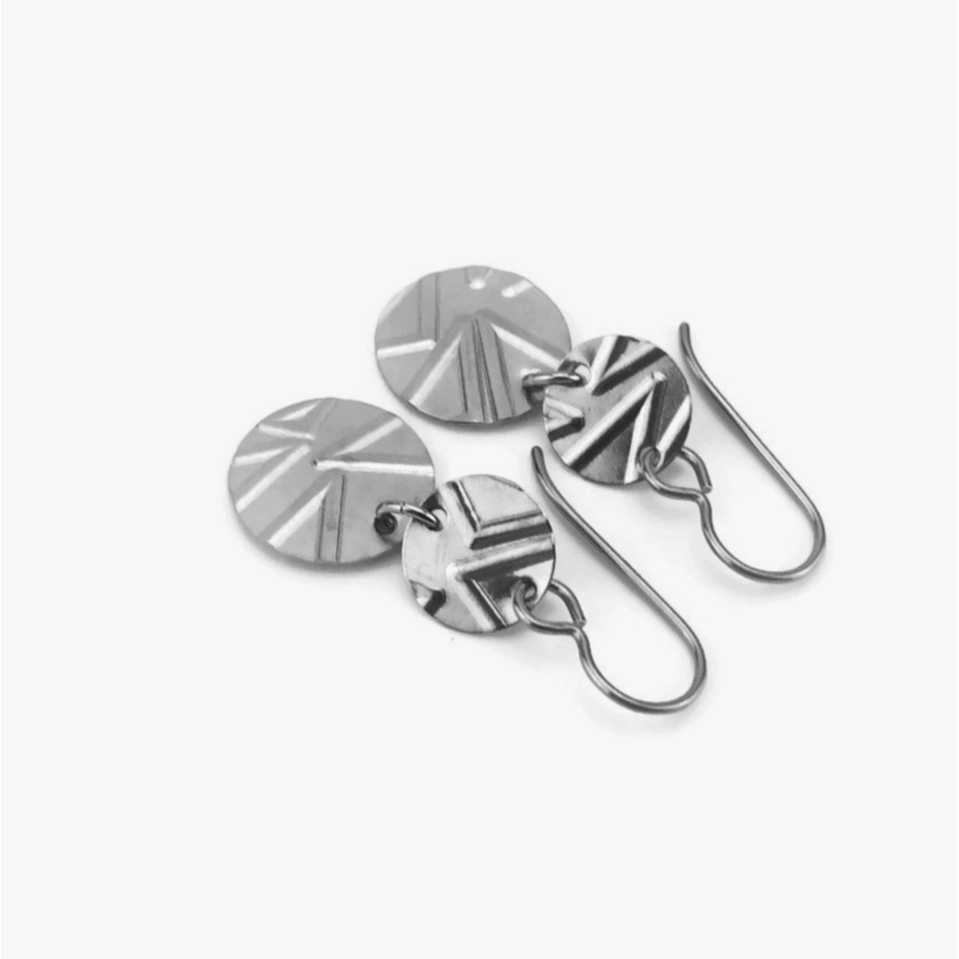 Niobium Earrings Double Disc Geo Patterned Nickel Free Discs Titanium Earrings, Geometric Triangles Embossed Disk Sensitive Ears Earrings