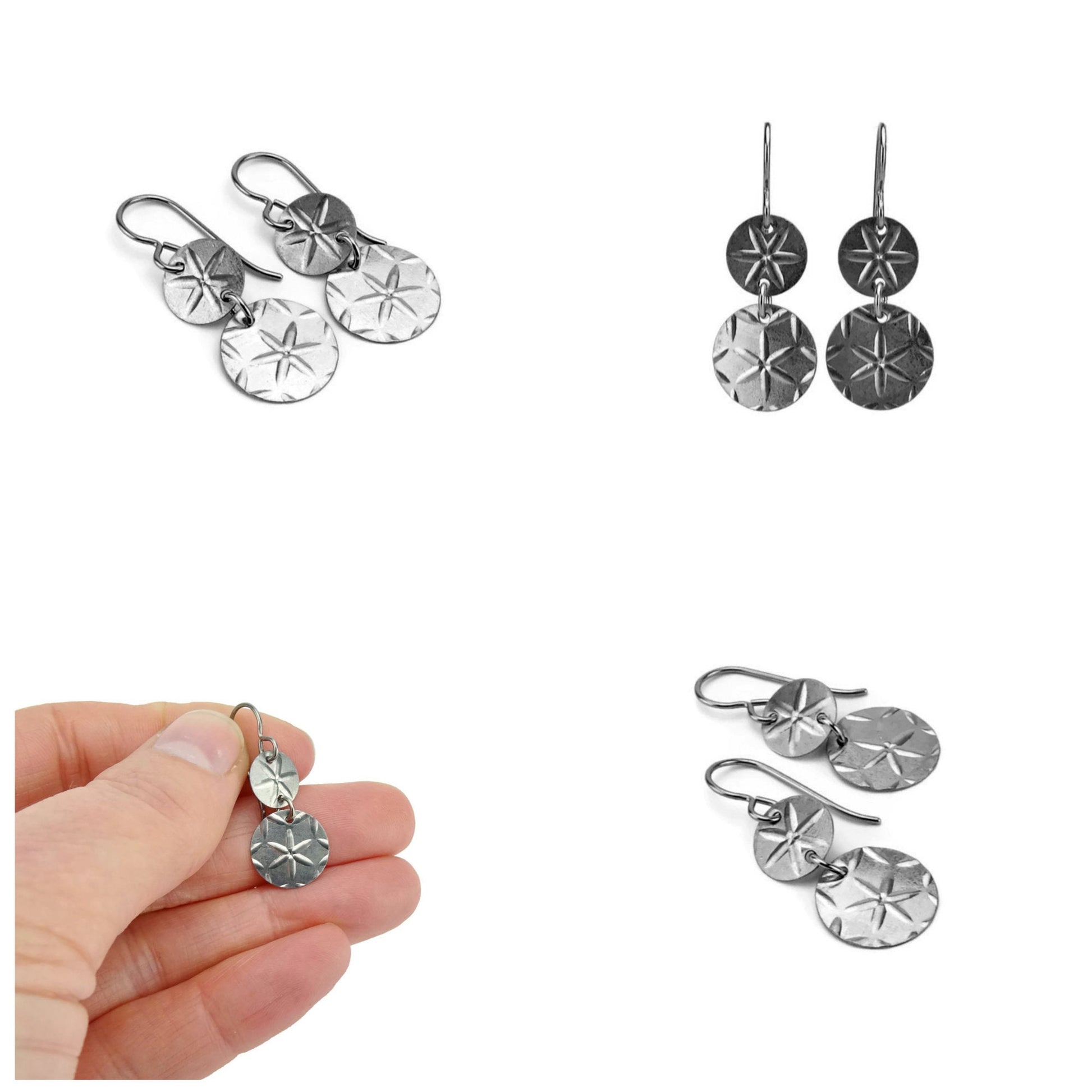 Titanium Earrings Double Disc Earrings, Star Patterned Discs Niobium Earrings, Hypoallergenic Nickel Free Disk Earrings for Sensitive Ears