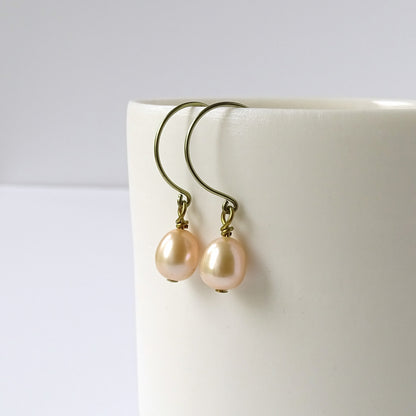 Champagne Oval Pearl Niobium Earrings, Yellow Gold Niobium Nickel Free Earrings, Freshwater Pearls Hypoallergenic Sensitive Ears Earrings