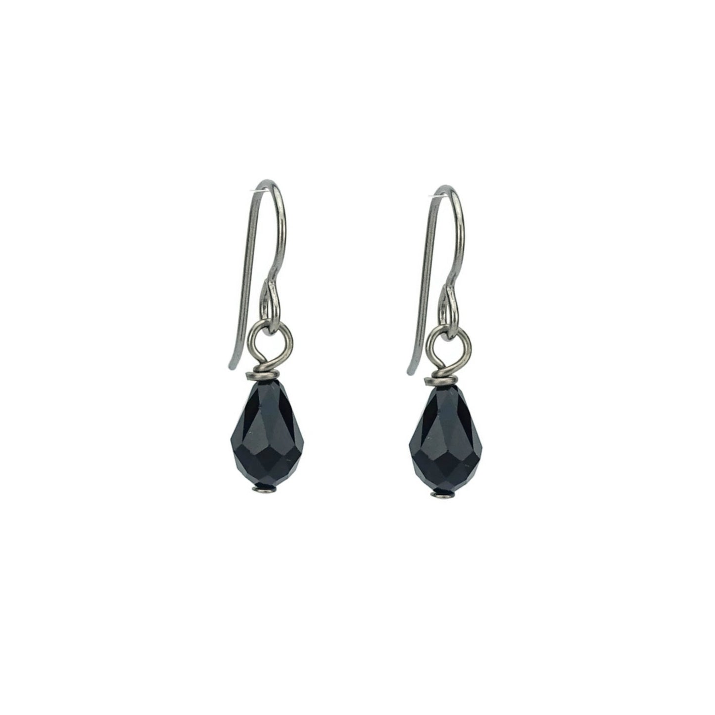 Black Teardrop Niobium Earrings, Jet Black Swarovski Crystal Drop Earrings, Hypoallergenic Nickel Free Titanium Earrings for Sensitive Ears