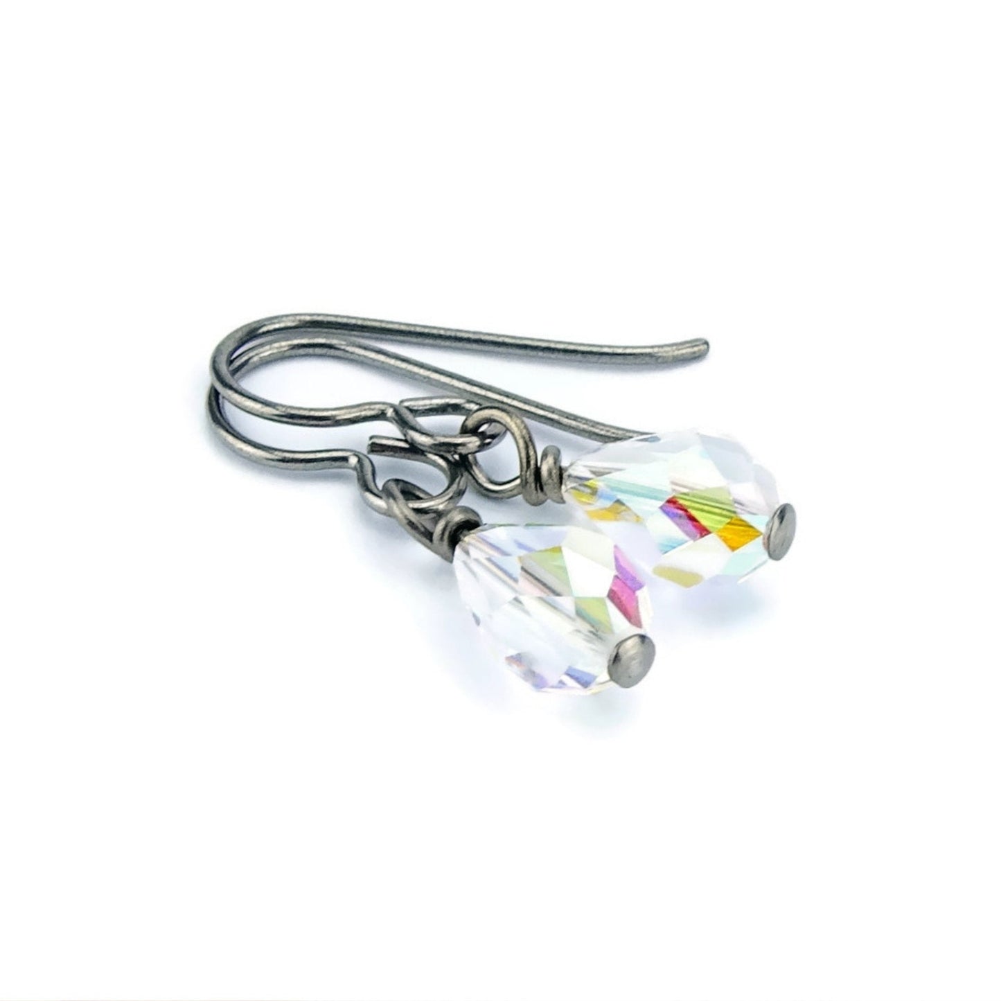 Niobium Earrings Crystal Aurora Borealis Hypo Allergenic Titanium Earrings, Swarovski Crystal Teardrop No Nickel Earrings for Sensitive Ears