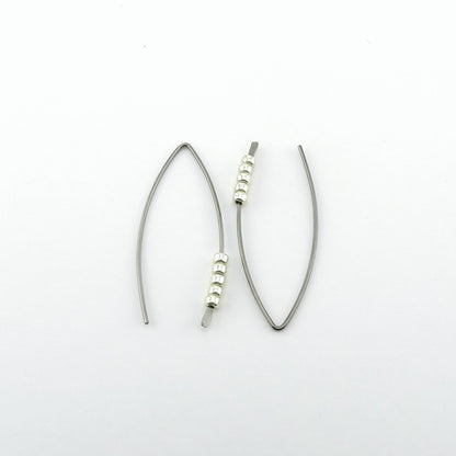 Silver Beaded Niobium Wishbone Threader Earrings, Nickel Free Tiny Silver Beads Threaders, Hypoallergenic Sliders for Sensitive Ears