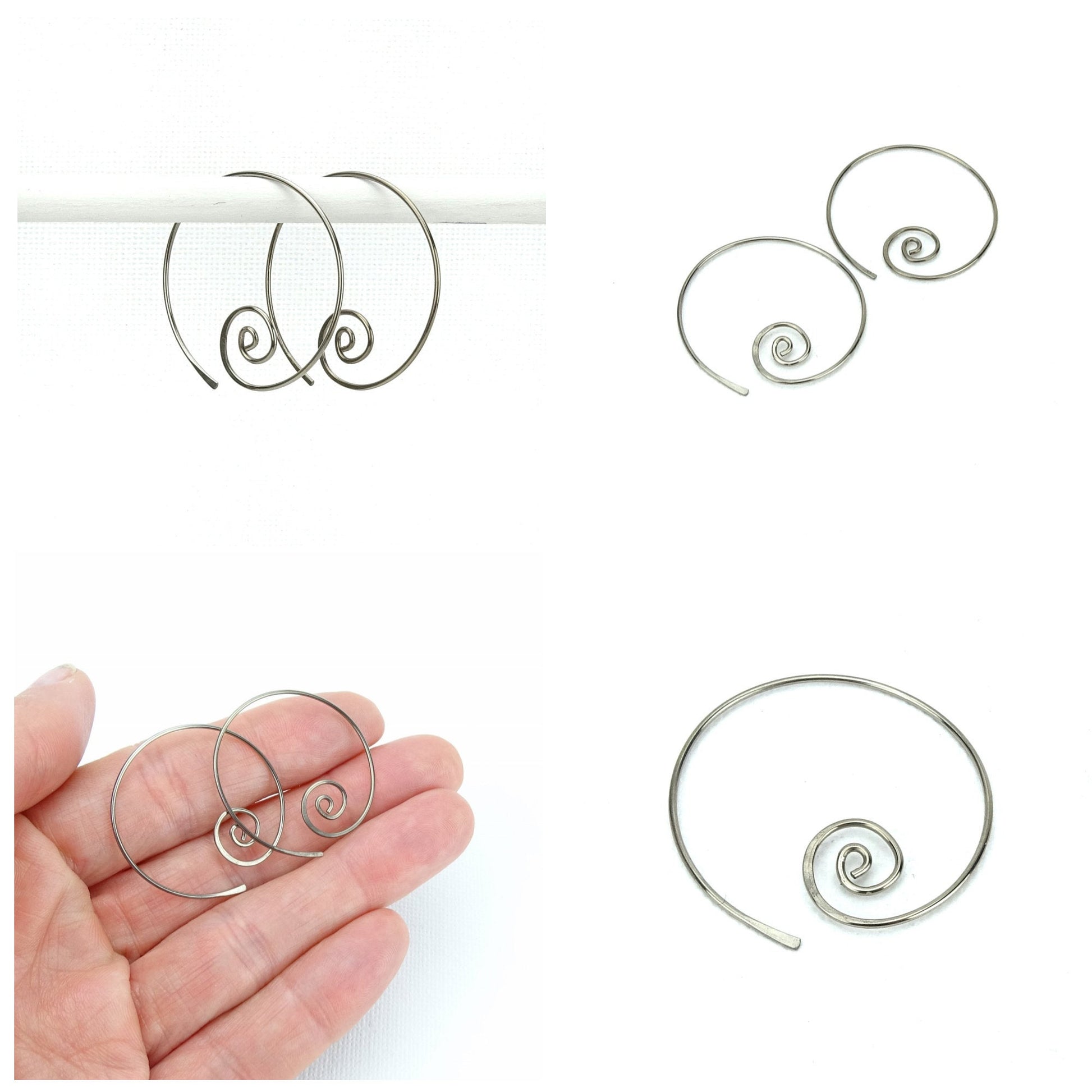 Niobium Earrings Spiral Hoops, Silver Color Niobium Spiraling Hoop Earrings for Sensitive Ears, Hypoallergenic Nickel Free Jewellery