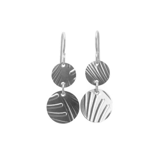 Double Disc Niobium Earrings Frond Patterned, Nickel Free Disk Titanium Earrings, Embossed Hypoallergenic Disc Earrings for Sensitive Ears