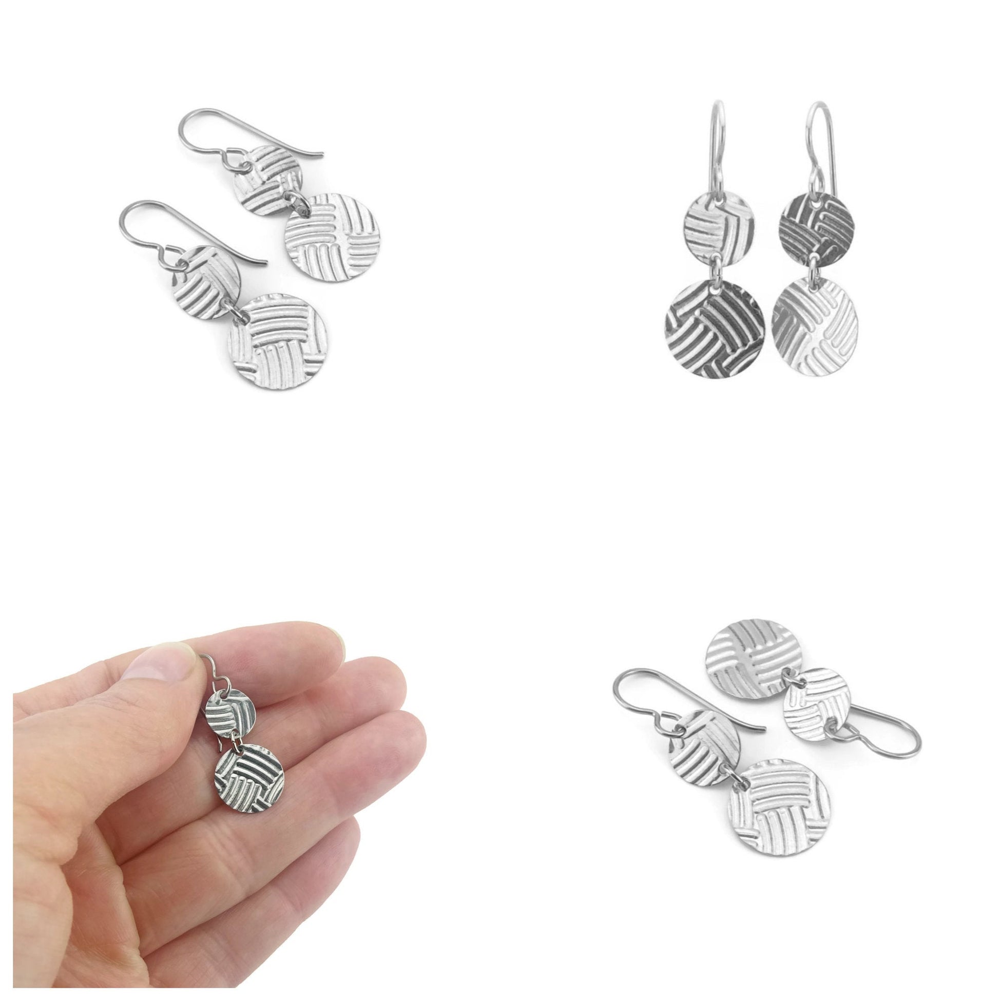 Nickel Free Earrings, Weave Patterned Double Disc Earrings, Silver Color Niobium Titanium Earrings, Hypoallergenic Sensitive Ears Earrings