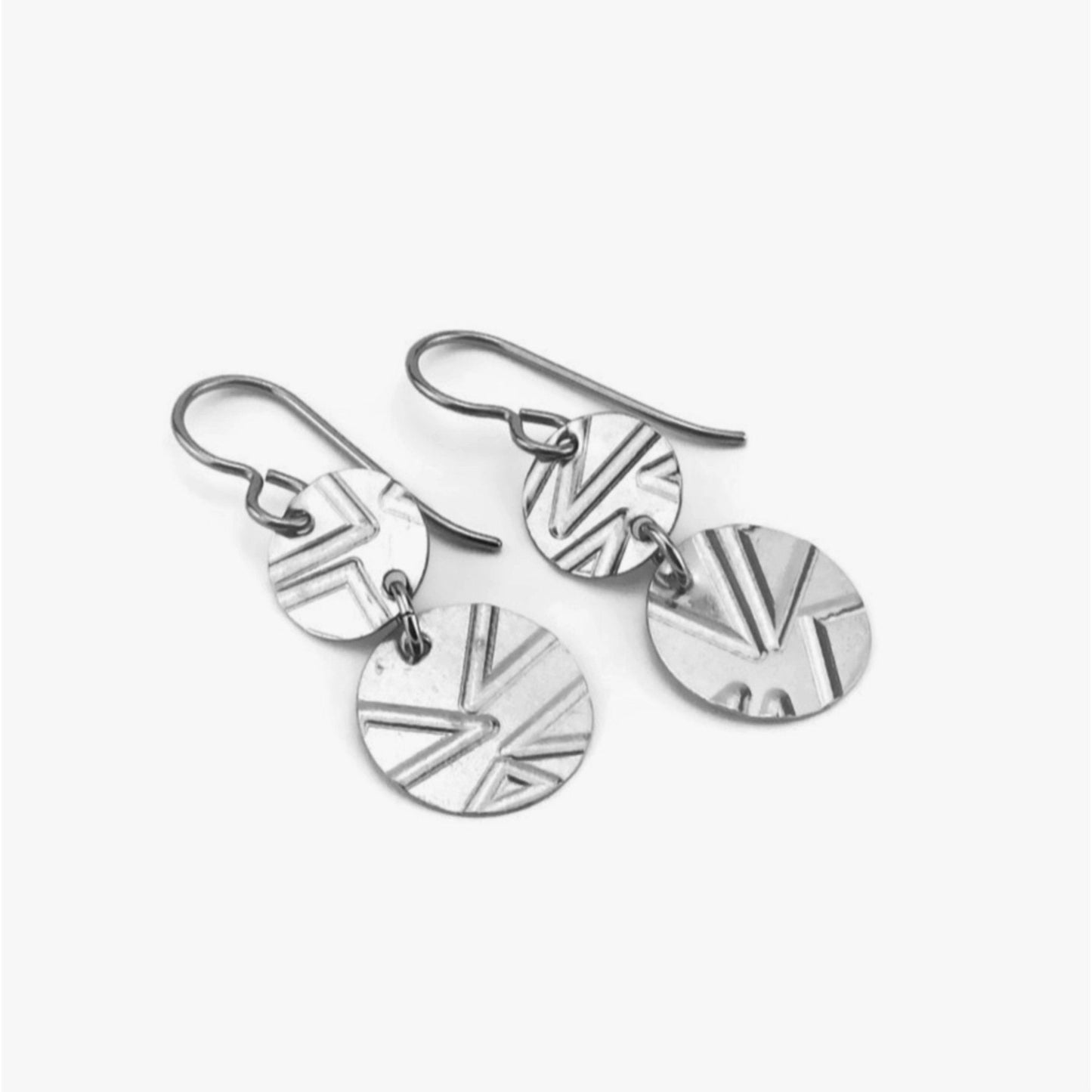 Niobium Earrings Double Disc Geo Patterned Nickel Free Discs Titanium Earrings, Geometric Triangles Embossed Disk Sensitive Ears Earrings