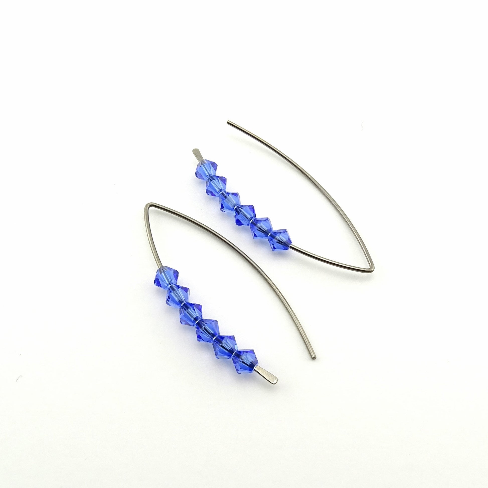 Sapphire Blue Slider Wishbone Threaders Niobium Earrings, Swarovski Crystal, Nickel Free Hypoallergenic Threader Earrings for Sensitive Ears