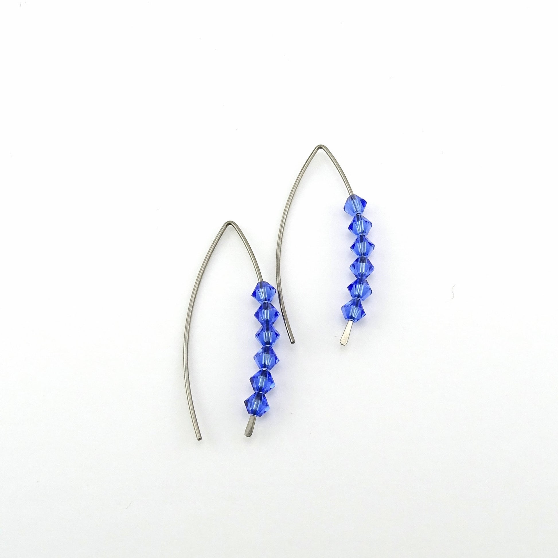 Sapphire Blue Slider Wishbone Threaders Niobium Earrings, Swarovski Crystal, Nickel Free Hypoallergenic Threader Earrings for Sensitive Ears