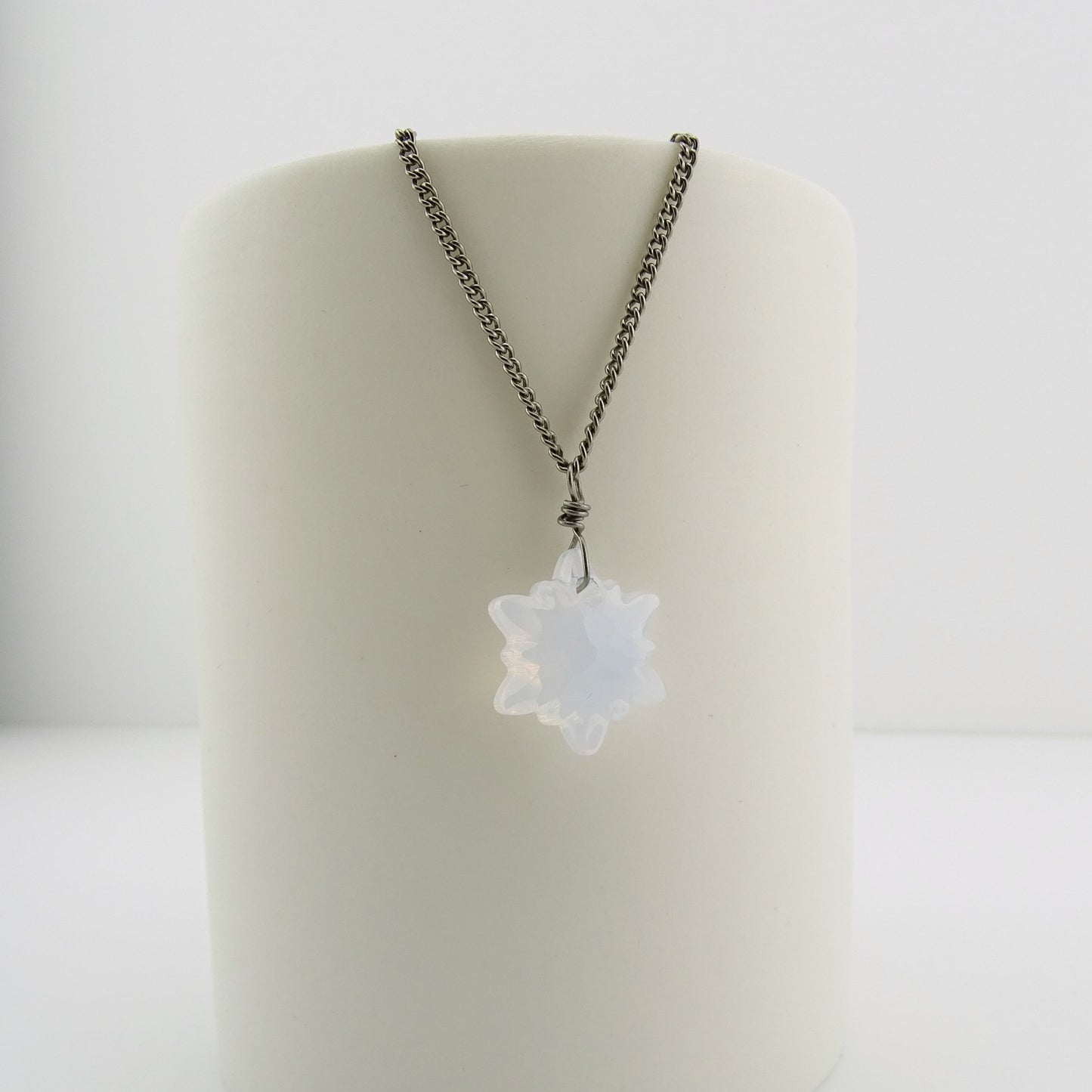 White Opal Edelweiss Titanium Necklace, Swarovski Crystal Nickel Free Necklace, Pure Titanium Chain, Hypoallergenic Niobium, Sensitive Skin