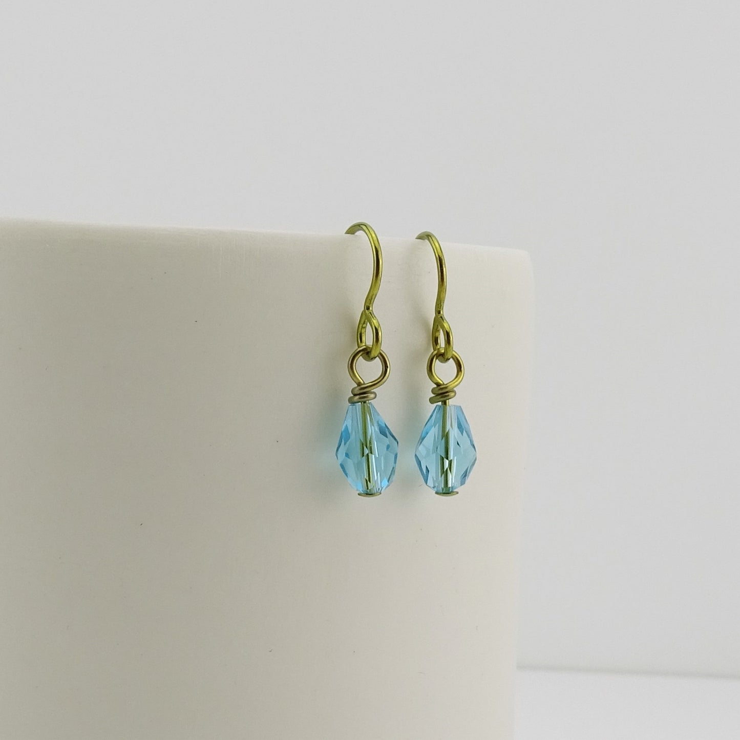 Light Turquoise Crystal Teardrop Gold Niobium Earrings, Aqua Blue Swarovski Drop Earrings for Sensitive Ears, Nickel Free Hypoallergenic