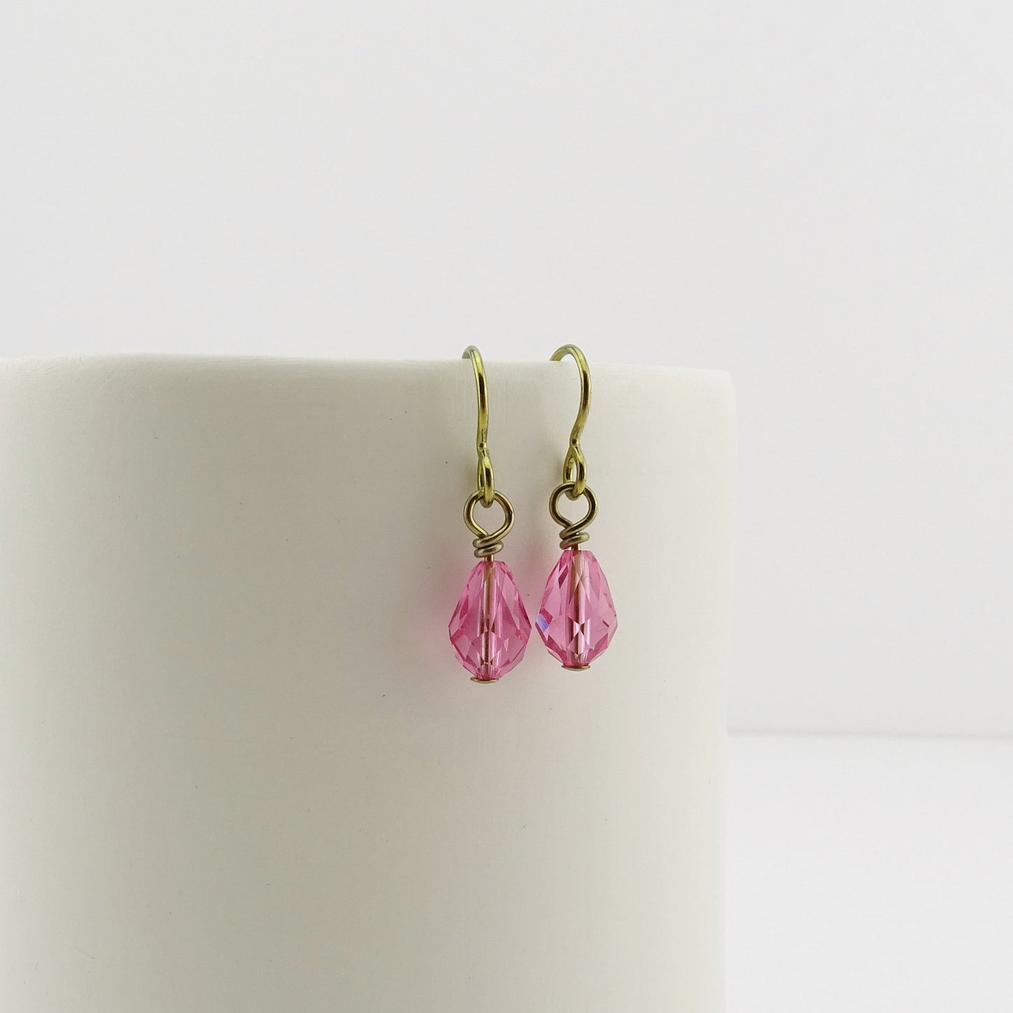 Pink Crystal Drop Gold Niobium Earrings, Rose Swarovski Crystal Teardrop Earrings, Hypoallergenic Earrings, Non Allergic Nickel Free Jewelry