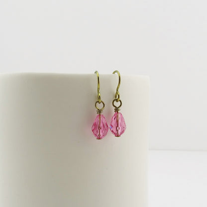 Pink Crystal Drop Gold Niobium Earrings, Rose Swarovski Crystal Teardrop Earrings, Hypoallergenic Earrings, Non Allergic Nickel Free Jewelry