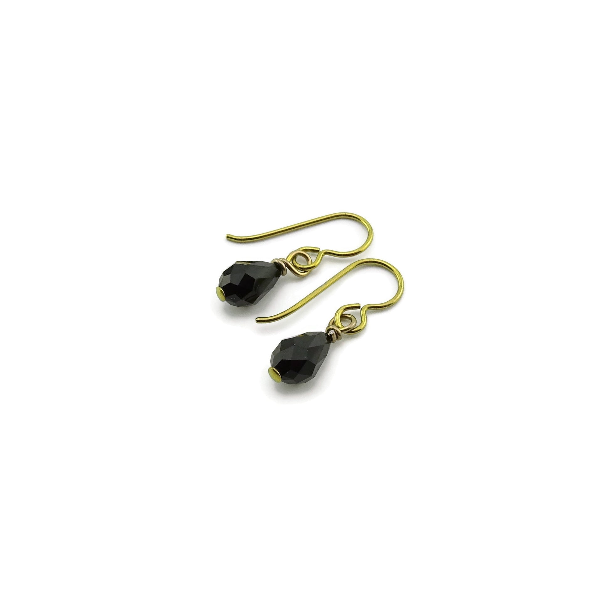 Black Crystal Teardrop, Gold Color Anodized Niobium Earrings, Jet Black Swarovski Crystal Nickel Free Sensitive Earrings, Hypoallergenic