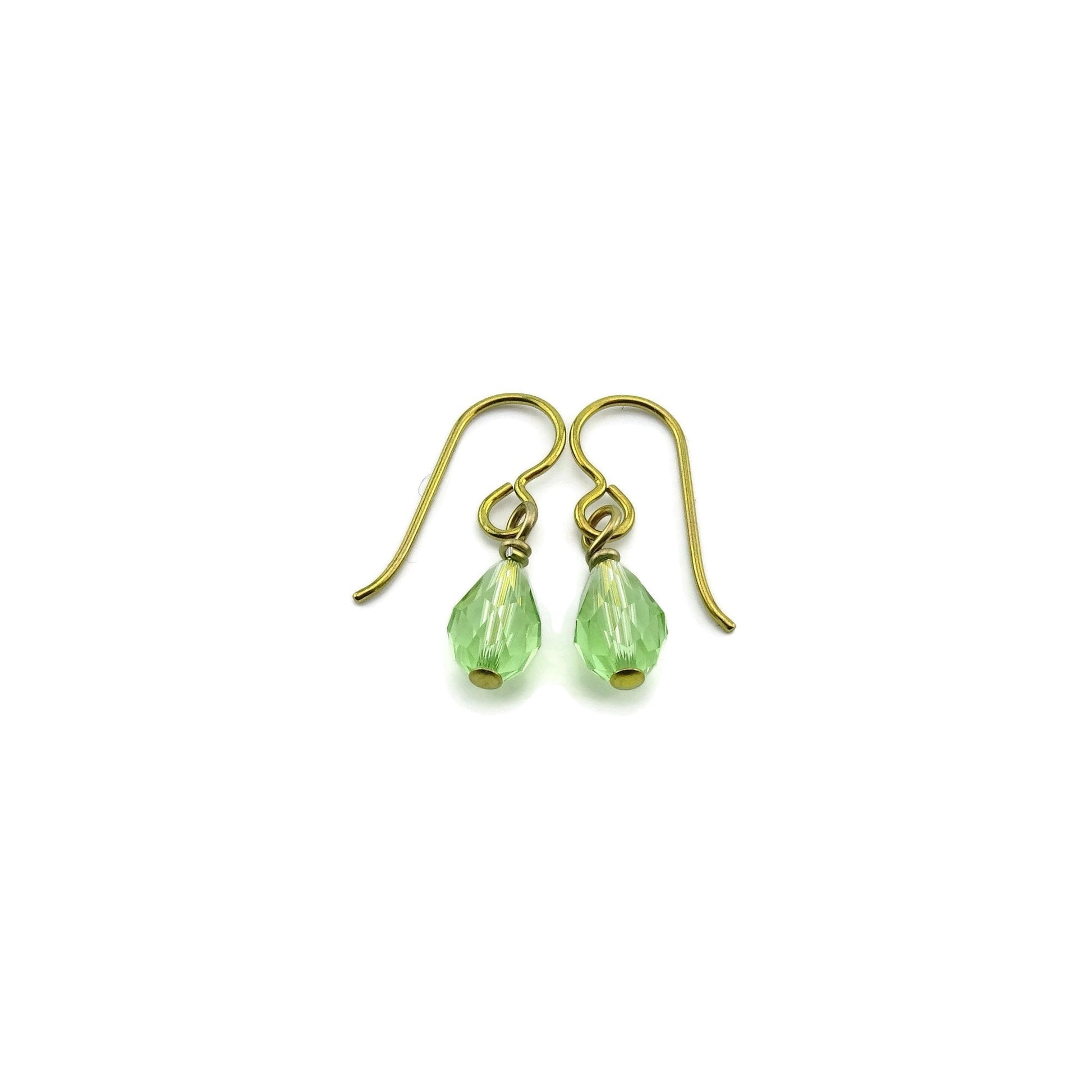 Peridot Teardrop Gold Niobium Earring, Green Crystal Swarovski Drop, Hypoallergenic Earrings for Sensitive Ears, Nickel Free Jewelry