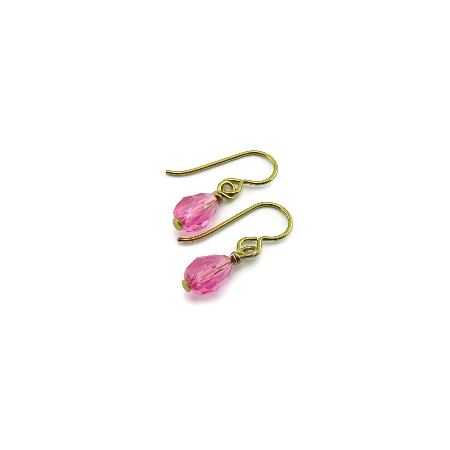 Pink Crystal Drop Gold Niobium Earrings, Rose Swarovski Crystal Teardrop Earrings, Hypoallergenic Earrings, Non Allergic Nickel Free Jewelry