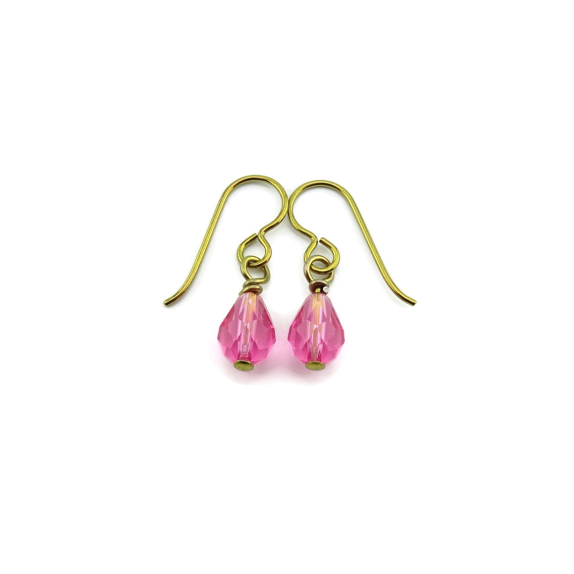 Pink Crystal Drop Gold Niobium Earrings, Rose Swarovski Crystal Teardrop Earrings, Hypoallergenic Earrings, Non Allergic Nickel Free Jewelry