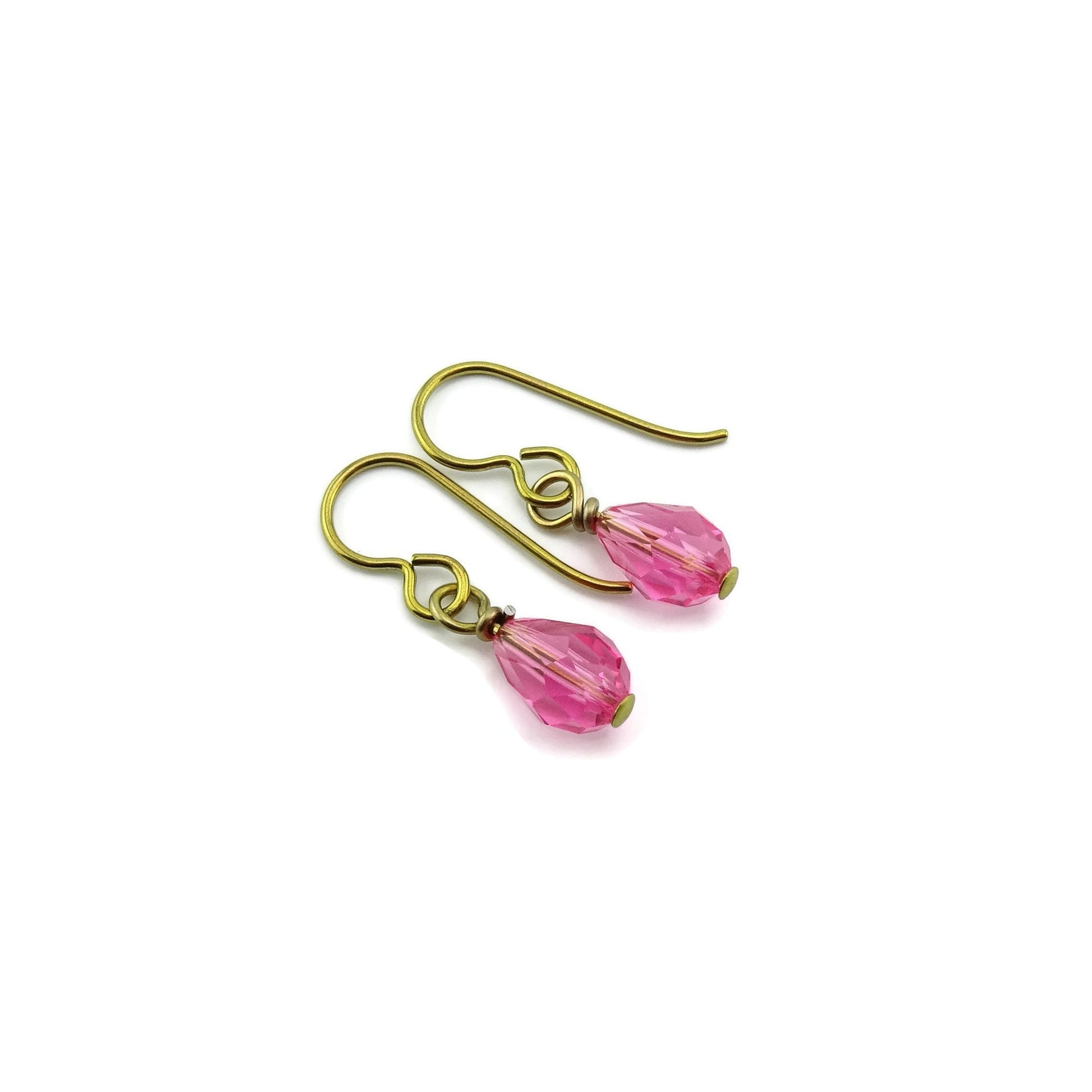 Pink Crystal Drop Gold Niobium Earrings, Rose Swarovski Crystal Teardrop Earrings, Hypoallergenic Earrings, Non Allergic Nickel Free Jewelry