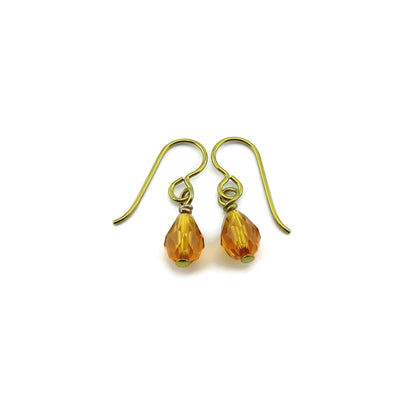 Topaz Teardrop Gold Niobium Earrings, Honey Amber Swarovski Crystal Drops, Hypoallergenic Nickel Free Niobium Earrings, Non Allergic Jewelry