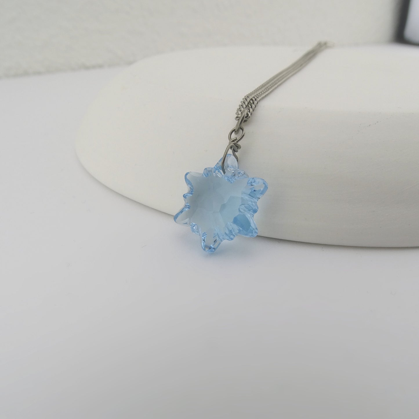 Aquamarine Edelweiss Titanium Necklace, Aqua Blue Swarovski Crystal, Nickel Free Hypoallergenic Pure Titanium Necklace For Sensitive Skin