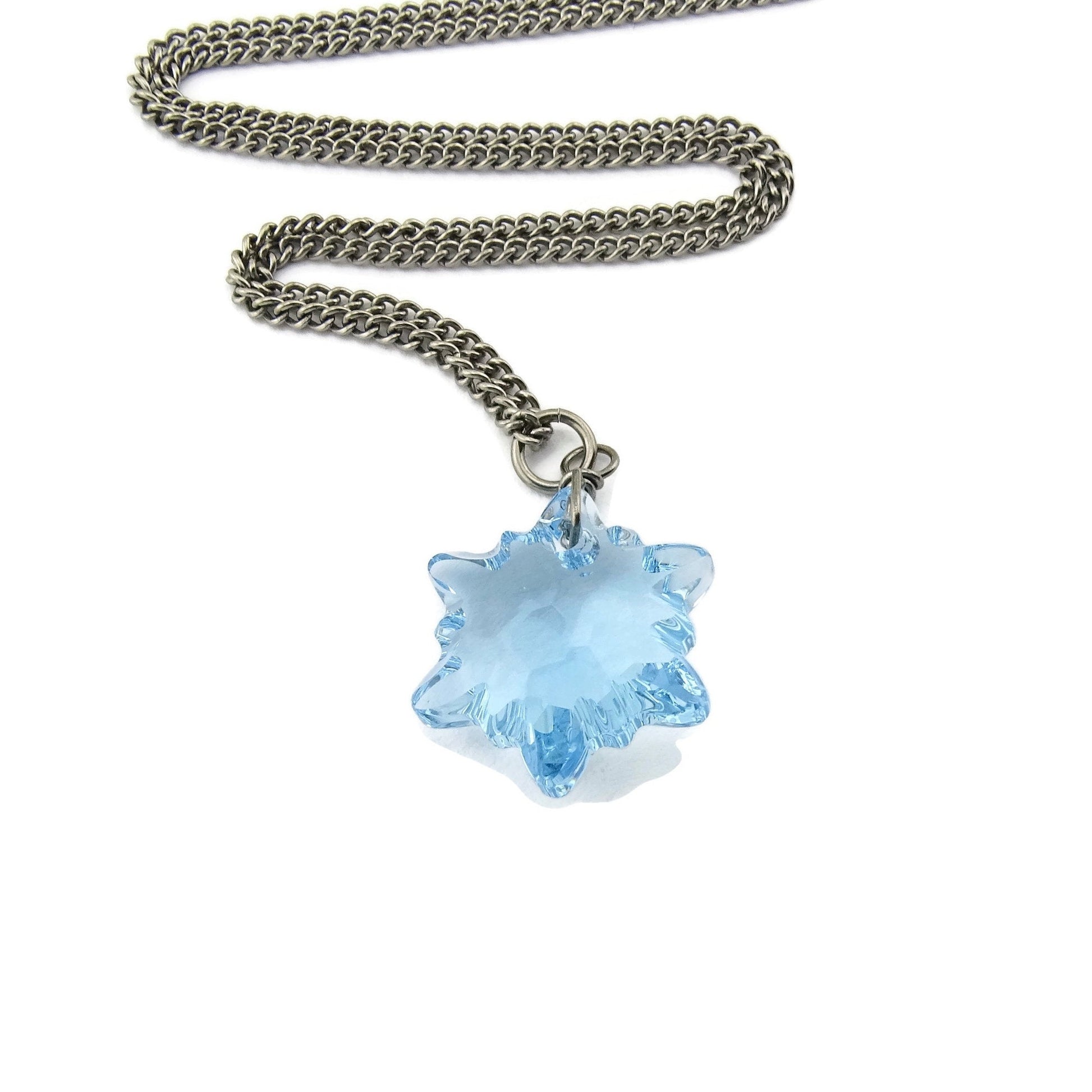 Aquamarine Edelweiss Titanium Necklace, Aqua Blue Swarovski Crystal, Nickel Free Hypoallergenic Pure Titanium Necklace For Sensitive Skin