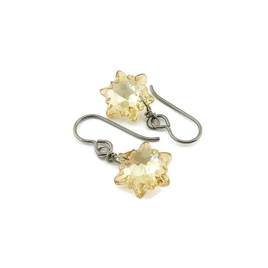 Golden Shadow Crystal Edelweiss Titanium Earrings, Swarovski Crystal Niobium Earrings Nickel Free Hypoallergenic Earrings for Sensitive Ears