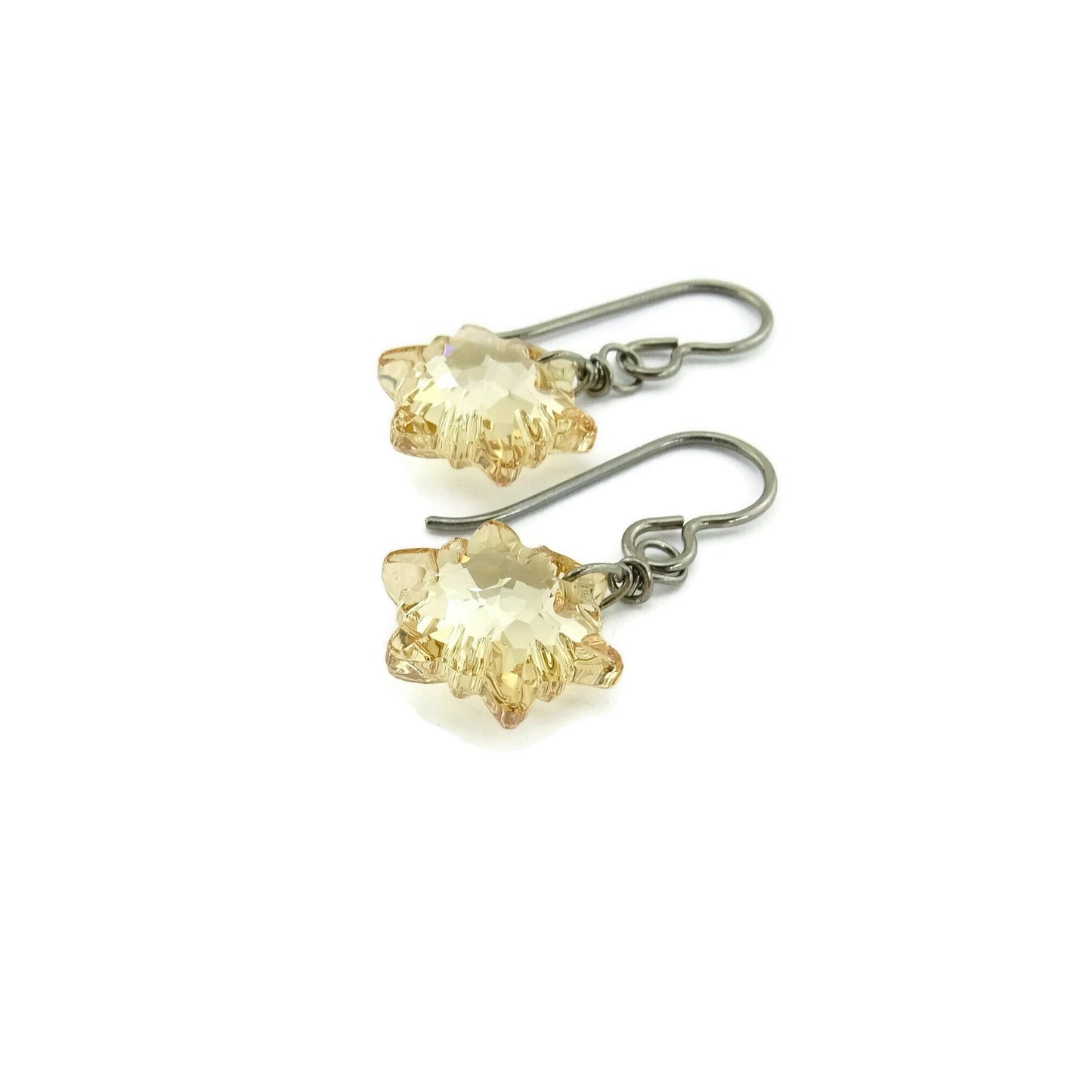 Golden Shadow Crystal Edelweiss Titanium Earrings, Swarovski Crystal Niobium Earrings Nickel Free Hypoallergenic Earrings for Sensitive Ears