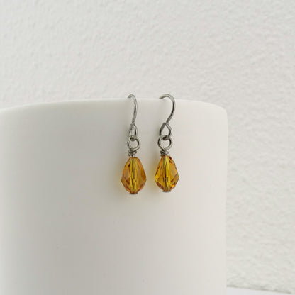 Topaz Teardrop Titanium Earrings, Honey Amber Swarovski Crystal Drops, Nickel Free Niobium Earrings, Hypo-allergenic Sensitive Ear Earrings