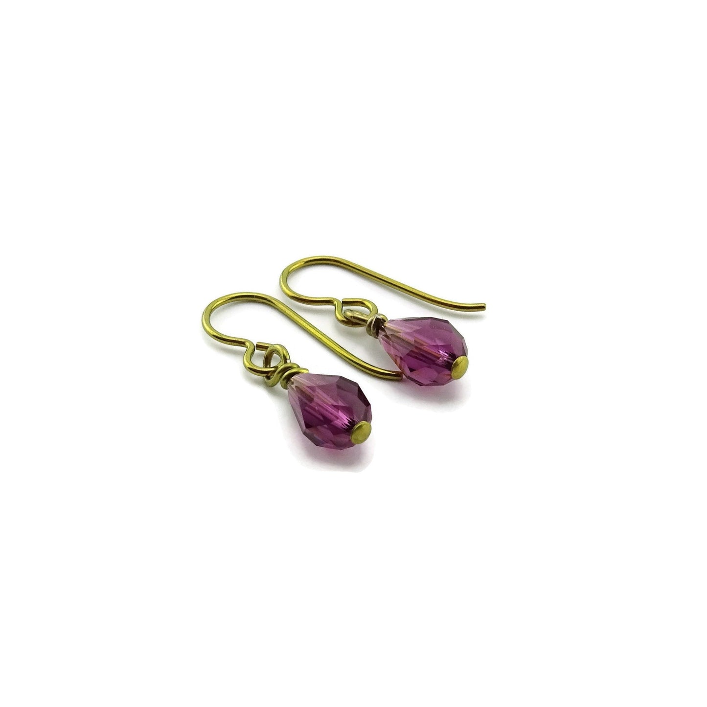 Amethyst Teardrop Crystal Gold Niobium Earrings, Purple Swarovski Crystal Drop Earrings for Sensitive Ears, Nickel Free Hypoallergenic