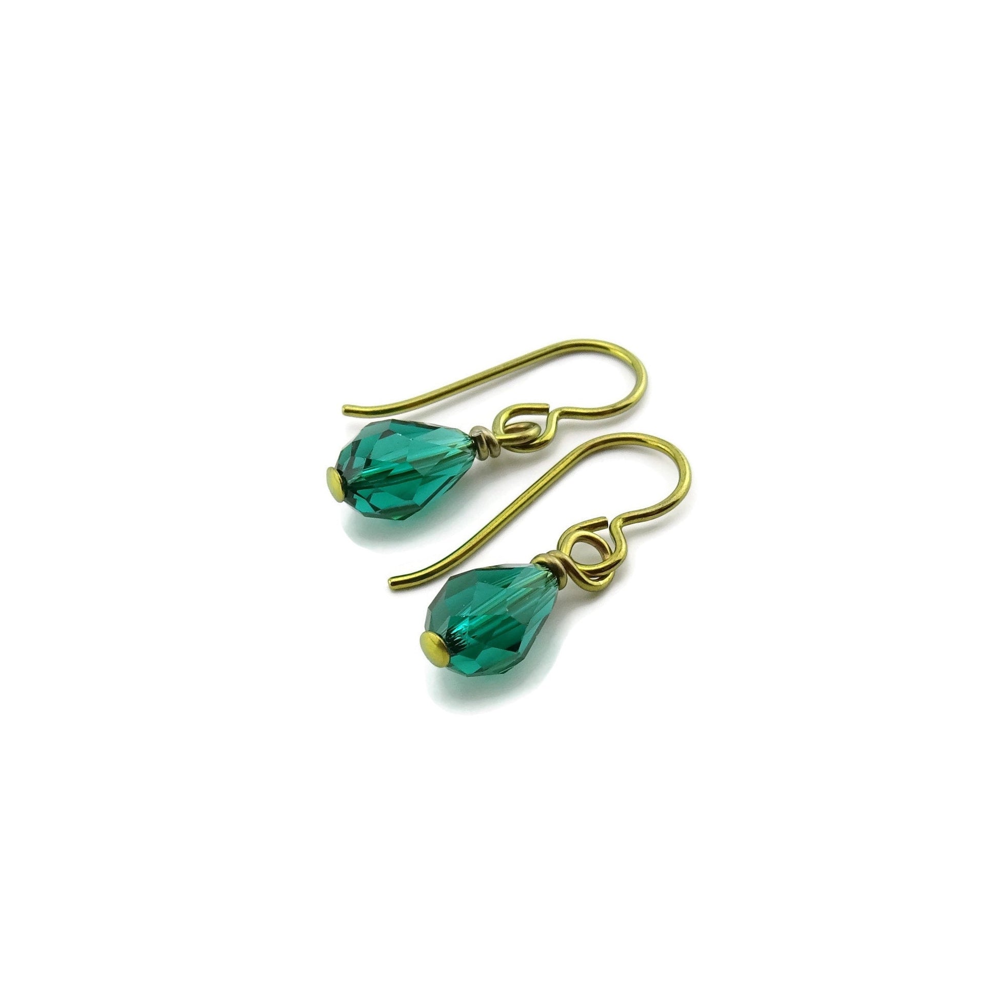 Emerald Teardrop Gold Niobium Earrings, Green Crystal Swarovski Drop, Nickel Free Earrings for Sensitive Ears, Hypoallergenic Jewelry
