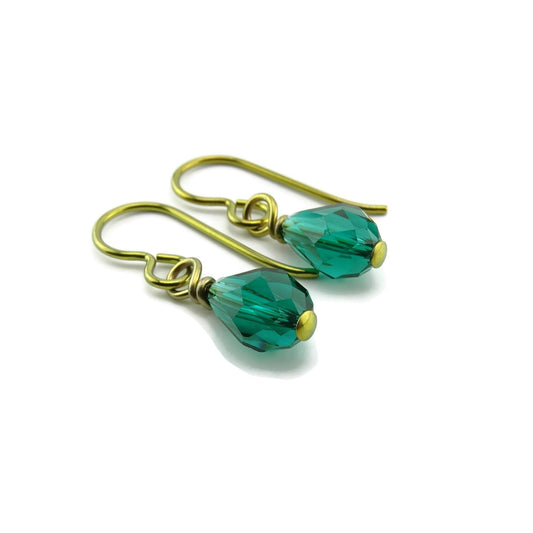 Emerald Teardrop Gold Niobium Earrings, Green Crystal Swarovski Drop, Nickel Free Earrings for Sensitive Ears, Hypoallergenic Jewelry