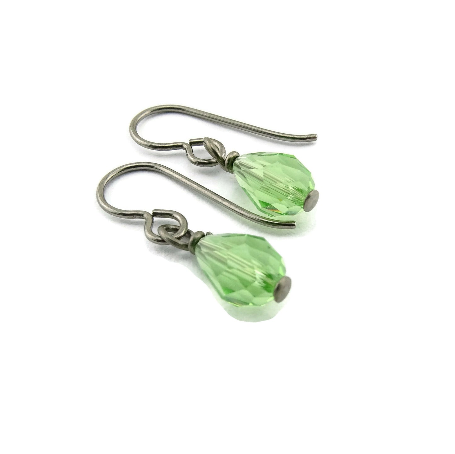 Peridot Green Drop Niobium Earring, Swarovski Crystal Teardrop Earrings for Sensitive Ears, Hypoallergenic Nickel Free Titanium Earrings