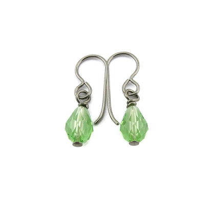 Peridot Green Drop Niobium Earring, Swarovski Crystal Teardrop Earrings for Sensitive Ears, Hypoallergenic Nickel Free Titanium Earrings