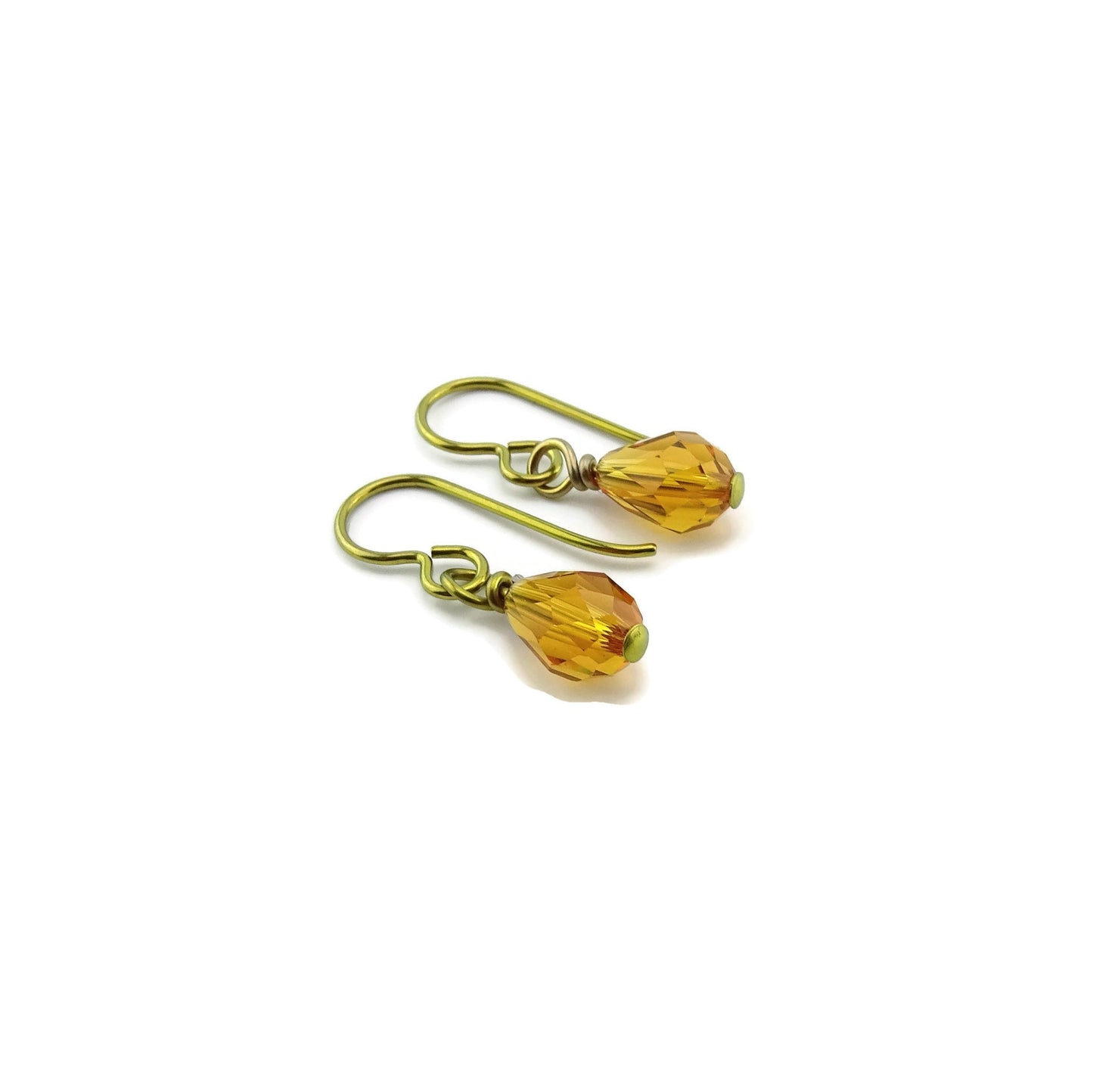 Topaz Teardrop Gold Niobium Earrings, Honey Amber Swarovski Crystal Drops, Hypoallergenic Nickel Free Niobium Earrings, Non Allergic Jewelry