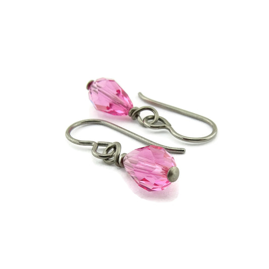 Rose Pink Teardrop Titanium Earrings, Swarovski Crystal Drop Earrings, Nickel Free Hypoallergenic Niobium Earrings for Sensitive Ears