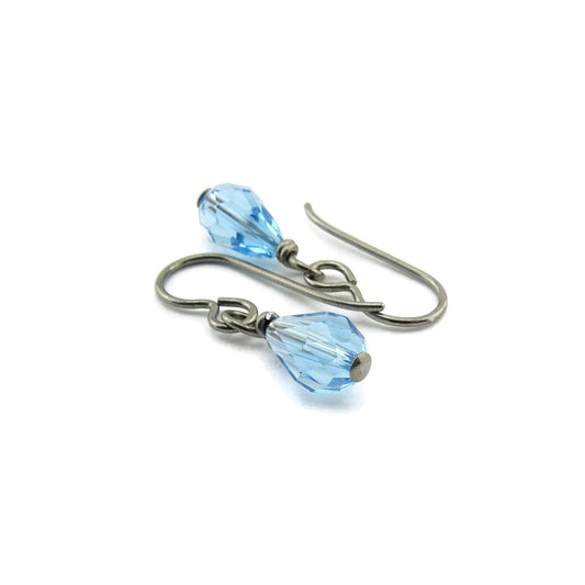 Aquamarine Blue Drop Titanium Earrings, Swarovski Crystal Aqua Blue Teardrop, Nickel Free Hypoallergenic Niobium Earrings for Sensitive Ears