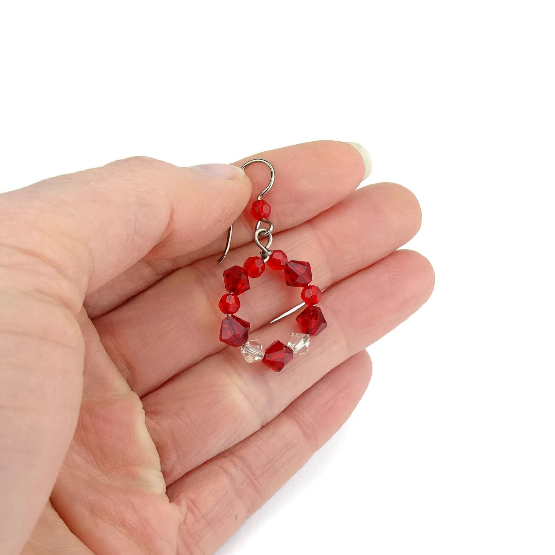Red Crystal Hoops, Titanium Earrings, Siam Red Swarovski, Niobium Earrings for Sensitive Ears, Hypoallergenic Nickel Free, Red Beaded Circle