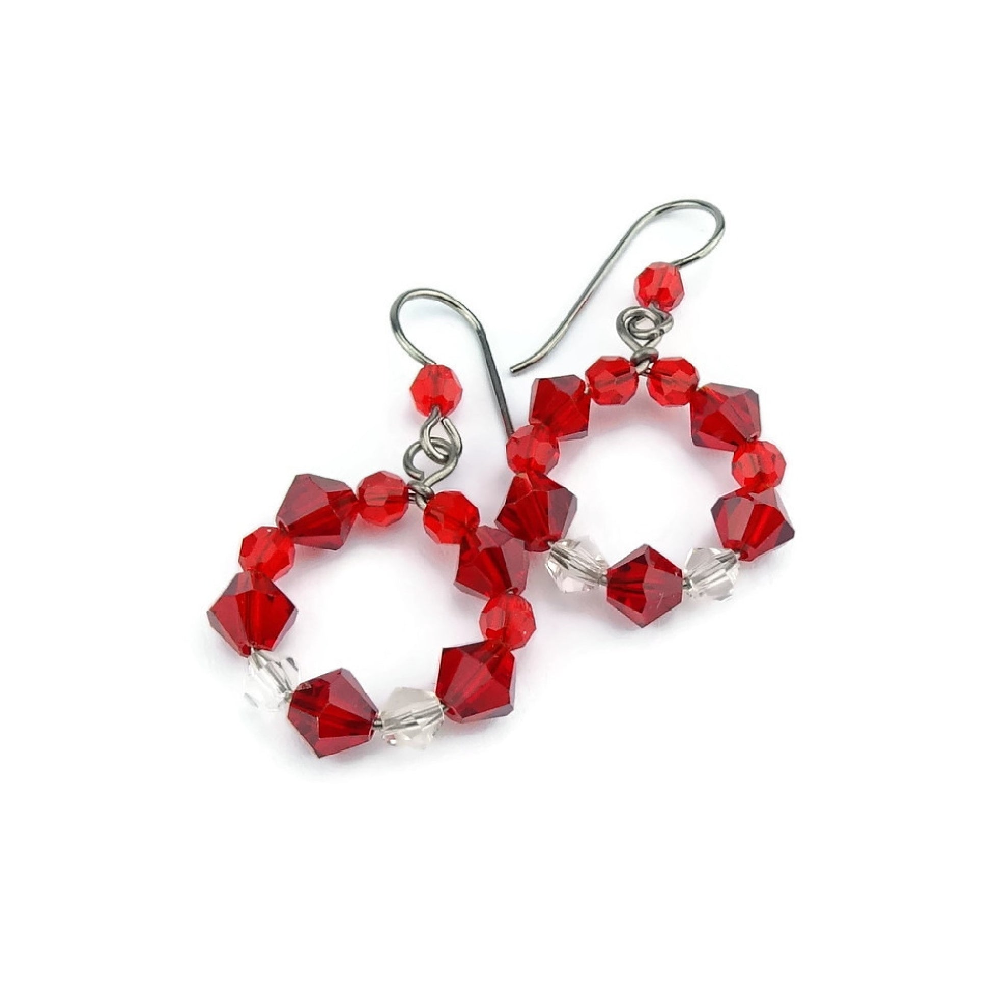 Red Crystal Hoops, Titanium Earrings, Siam Red Swarovski, Niobium Earrings for Sensitive Ears, Hypoallergenic Nickel Free, Red Beaded Circle