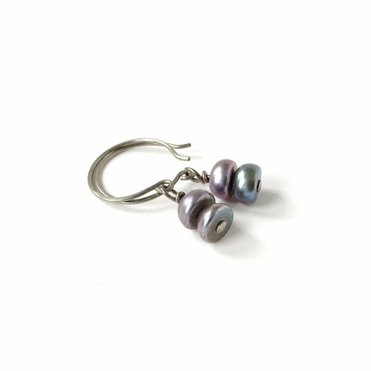 Gray Peacock Pearl Niobium Earrings, Grey Button Pearl Titanium Earrings for Sensitive Ears, Hypoallergenic Nickel Free, Freshwater Pearls