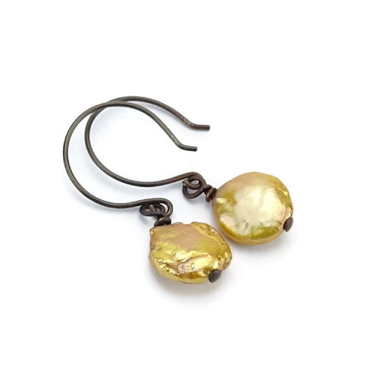Gold Coin Pearls Niobium Earrings, Hypoallergenic Nickel Free Earrings for Sensitive Ears, Freshwater Pearl, Bronze Brown Niobium Jewelry