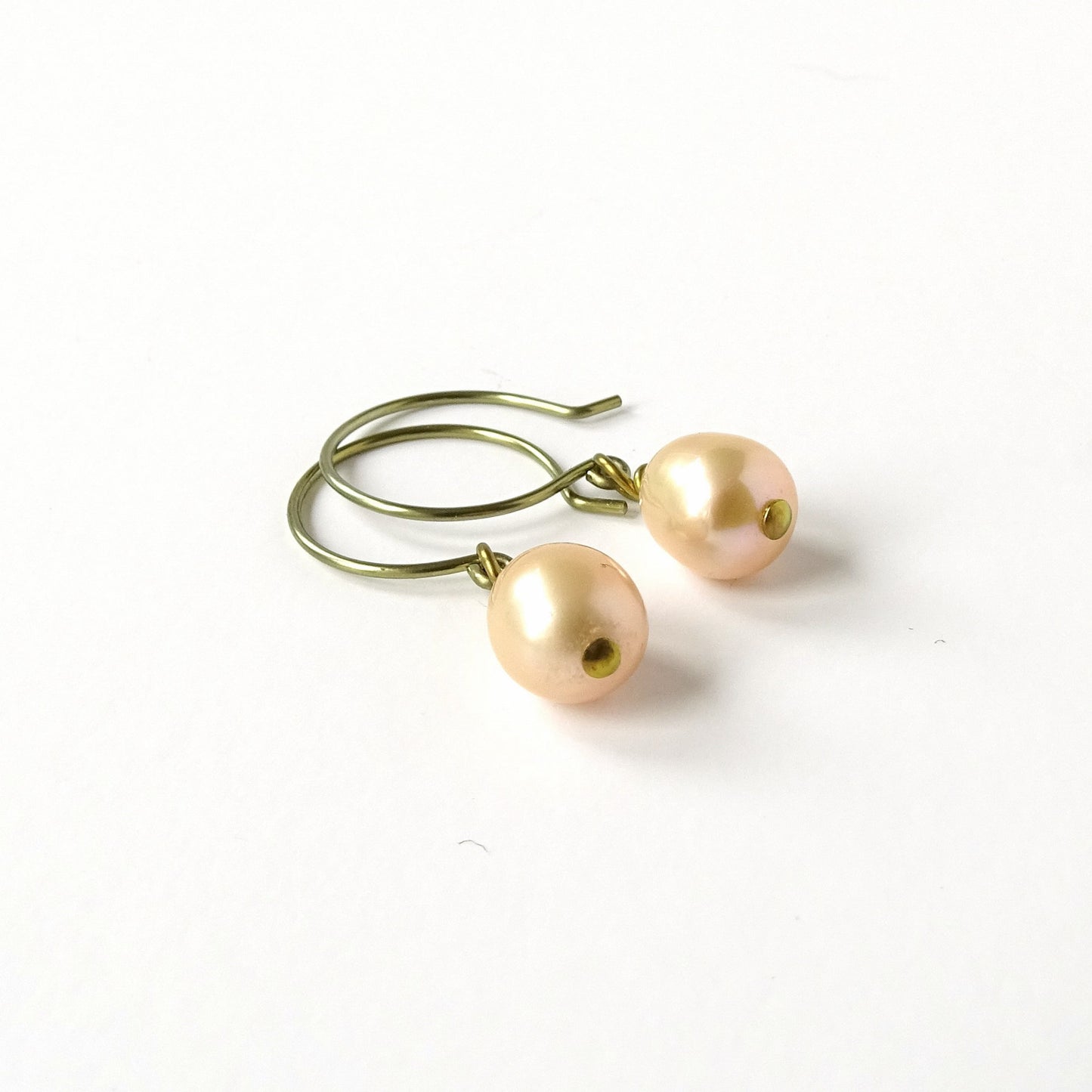 Champagne Oval Pearl Niobium Earrings, Yellow Gold Niobium Nickel Free Earrings, Freshwater Pearls Hypoallergenic Sensitive Ears Earrings