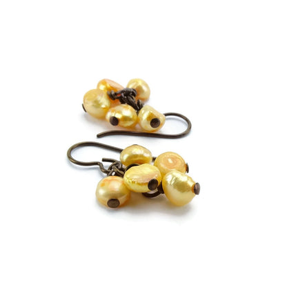 Orange Pearl Cluster Niobium Earrings, Cascading Gold Pearl Nickel Free Earrings, Bronze Brown Niobium Hypoallergenic for Sensitive Ears